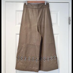 Tibi /  Beige Real Leather Wide Leg Pants with Silver Ring Detail